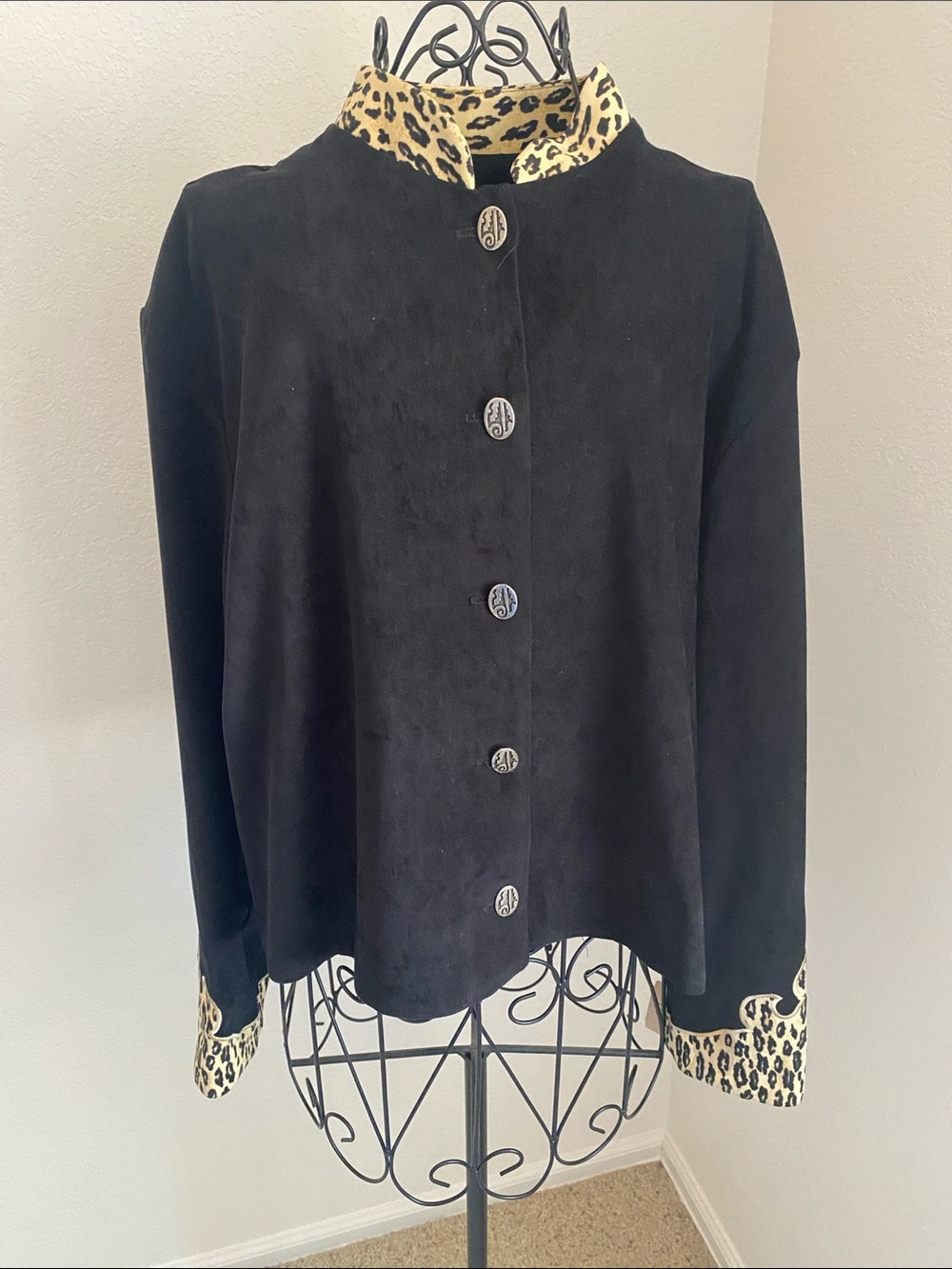 Vintage New Frontier Black Leopard-Trim Button Front Faux Suede Blazer Jacket
